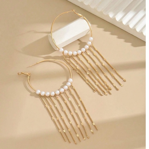 Boho Gold Tone Faux Pearl Tassel Dangle Hoop Earrings - Picture 3 of 4